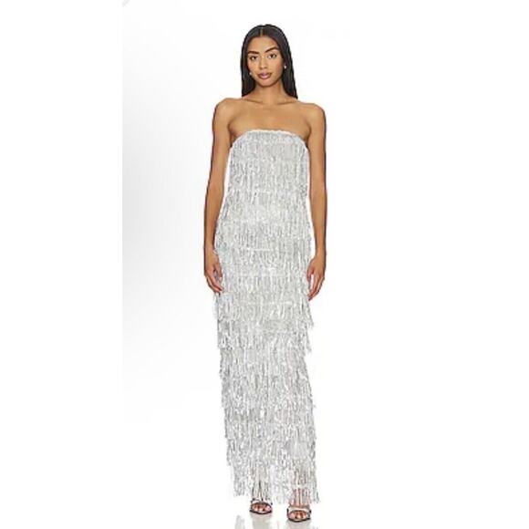 MAJORELLE Samara Dress Silver Fringe Column Maxi Gown Sz M Revolve $348 - Picture 3 of 8